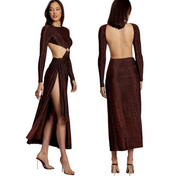 MESHKI Christina Backless Cut out Dress Long Sleeve Brown Gold Metallic NEW XXS - Picture 2 of 12